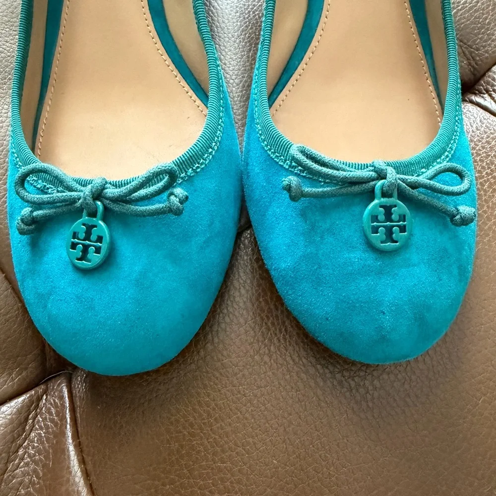Tory Burch Turquoise Suede Ballet Wedge 7 EUC